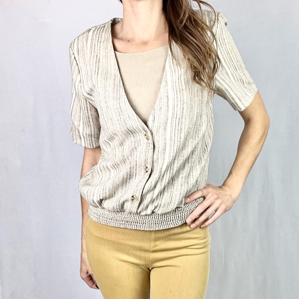 ALFRED DUNNER | ✨VINTAGE 90s!!✨ Cream Beige Striped Button-Up Short-Sleeved Top